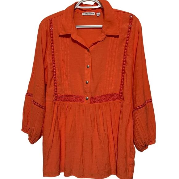 Notations Women's Orange Long Sleeve Quarter Button Embroidered Blouse‎ Size 1X - Picture 1 of 5